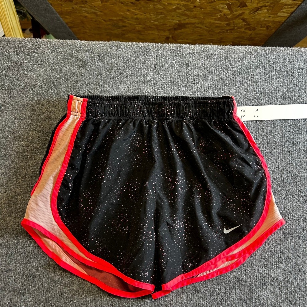 Nike Athletic Shorts Womens Size M Black Pink Splatter Dri-Fit Running Mesh Side